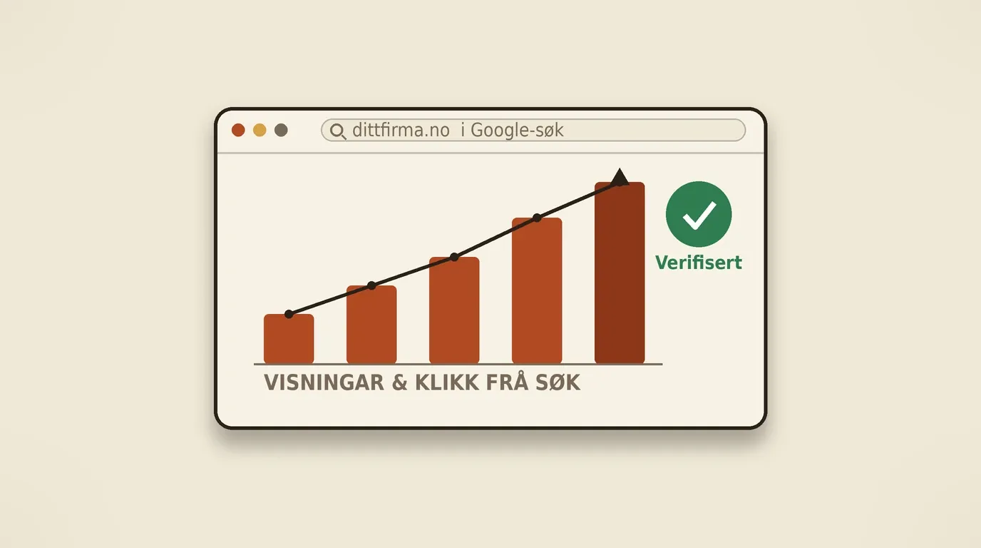 Stilisert flat illustrasjon av et søkeresultat-dashbord med en stigende graf, et søkefelt og et grønt hake-merke, i varme papirfarger med rust-oransje aksent.