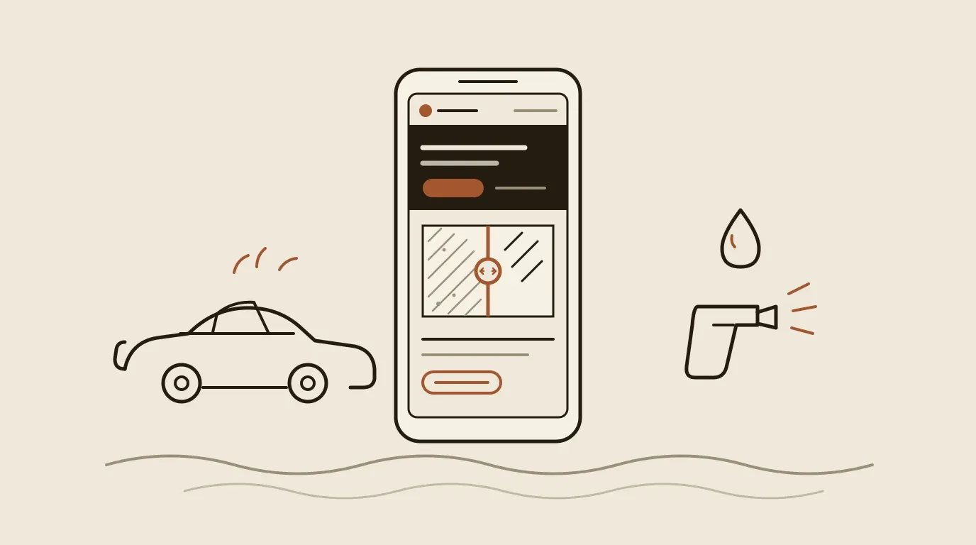 Stilisert linjeillustrasjon i varme kremfarger: en mobil som viser bilvask-nettsiden med en før/etter-slider, ved siden av en bil med vannsprut, en spylerpistol og en vanndråpe, med kobberfarget aksent.