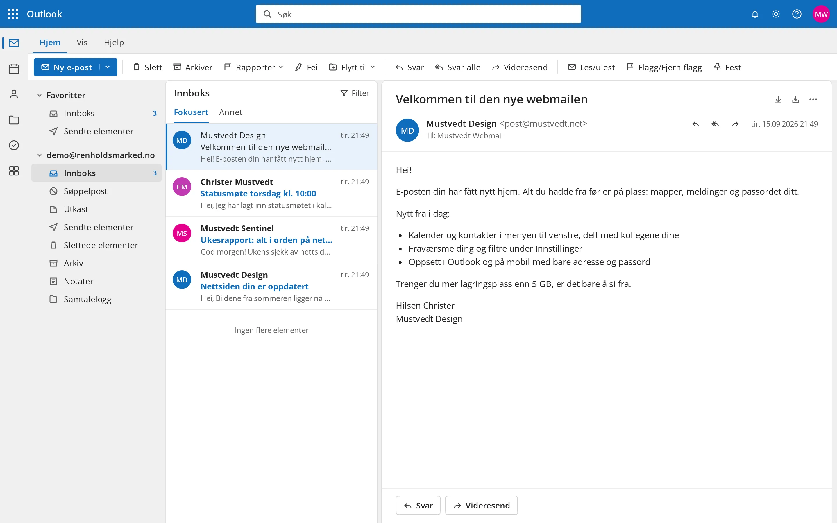 Illustrasjon av nye Outlook for Windows med postkassen: mappeliste, innboks med fire e-poster og en åpen velkomstmelding fra Mustvedt Design