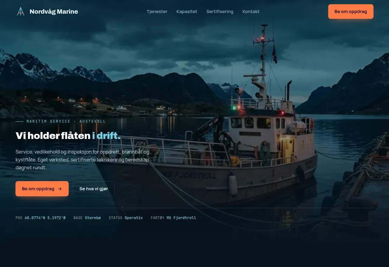 Skjermbilde av nettsiden til Nordvåg Marine AS, maritim service