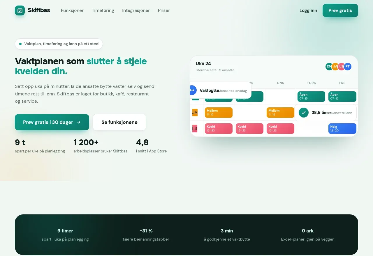 Skjermbilde av nettsiden til Skiftbas, saas · vaktplan og timeføring