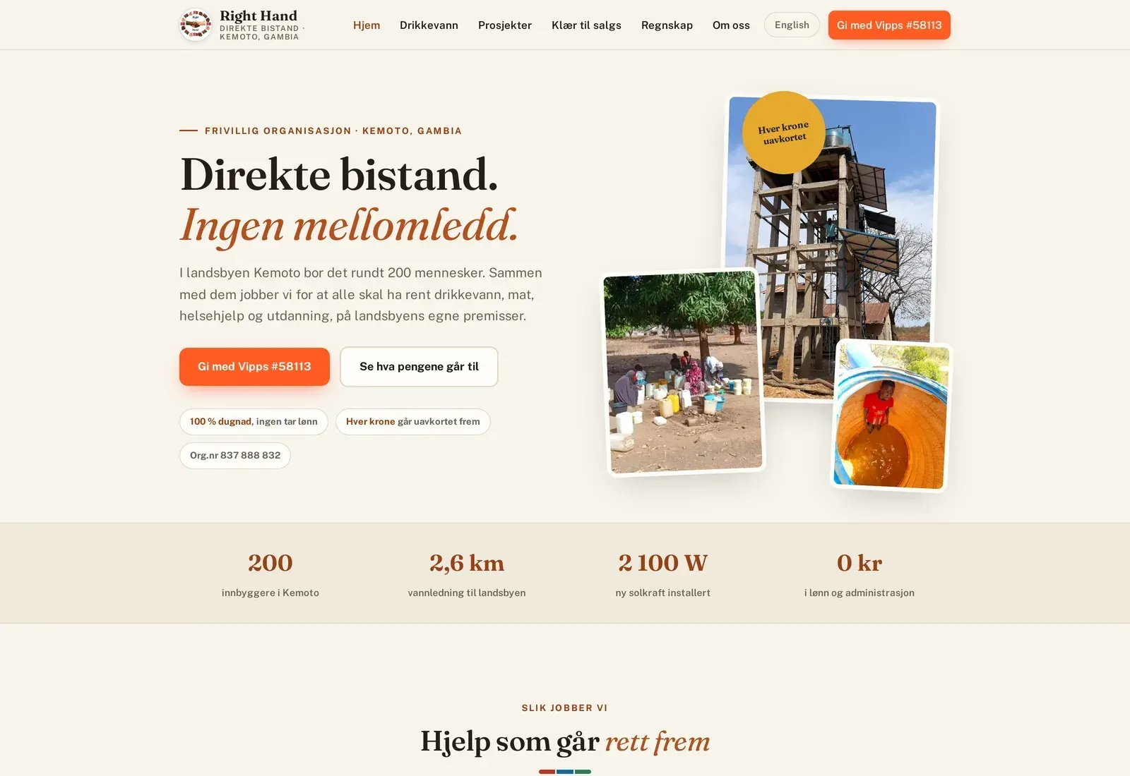 Skjermbilde av den nye nettsiden til Right Hand: hero med teksten «Direkte bistand. Ingen mellomledd.», bilder fra Kemoto i Gambia og nøkkeltall for prosjektet.