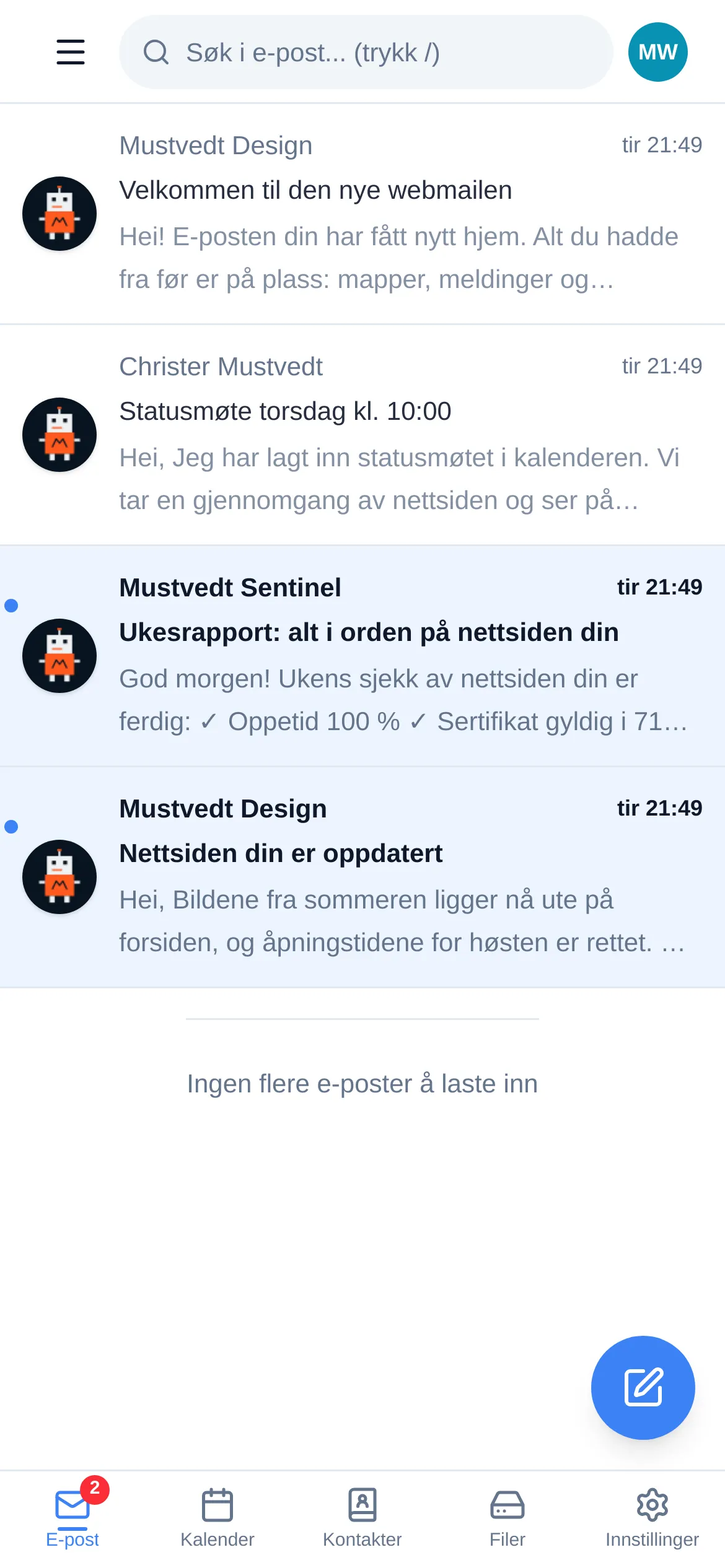 Webmailen på mobil: innboks med fire e-poster og meny for e-post, kalender, kontakter og filer nederst