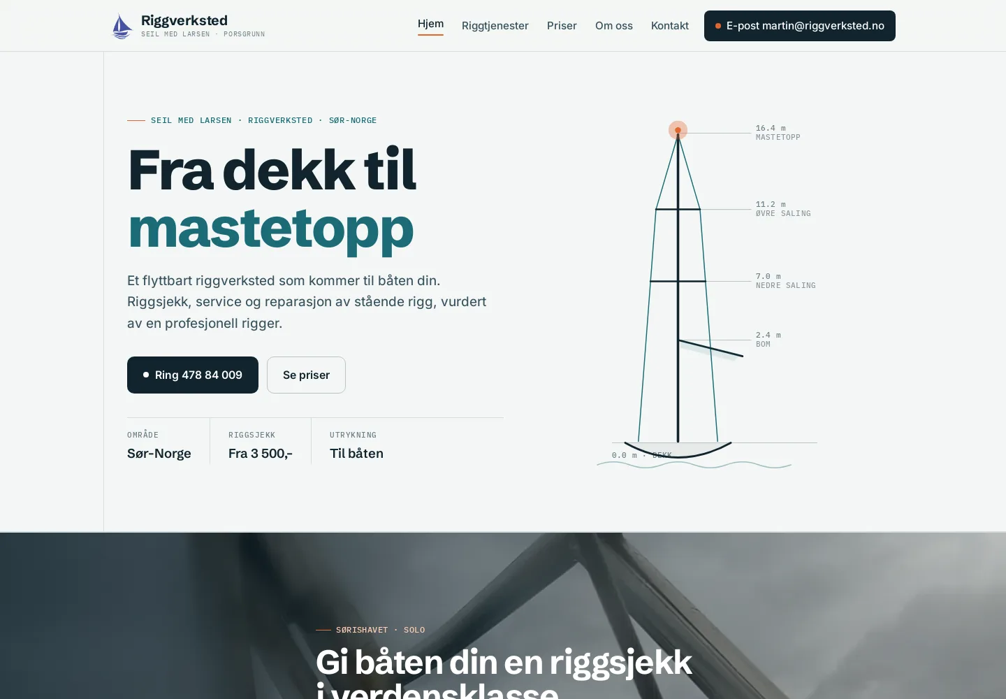 Den nye forsiden til riggverksted.no, med en målsatt riggtegning og overskriften «Fra dekk til mastetopp».