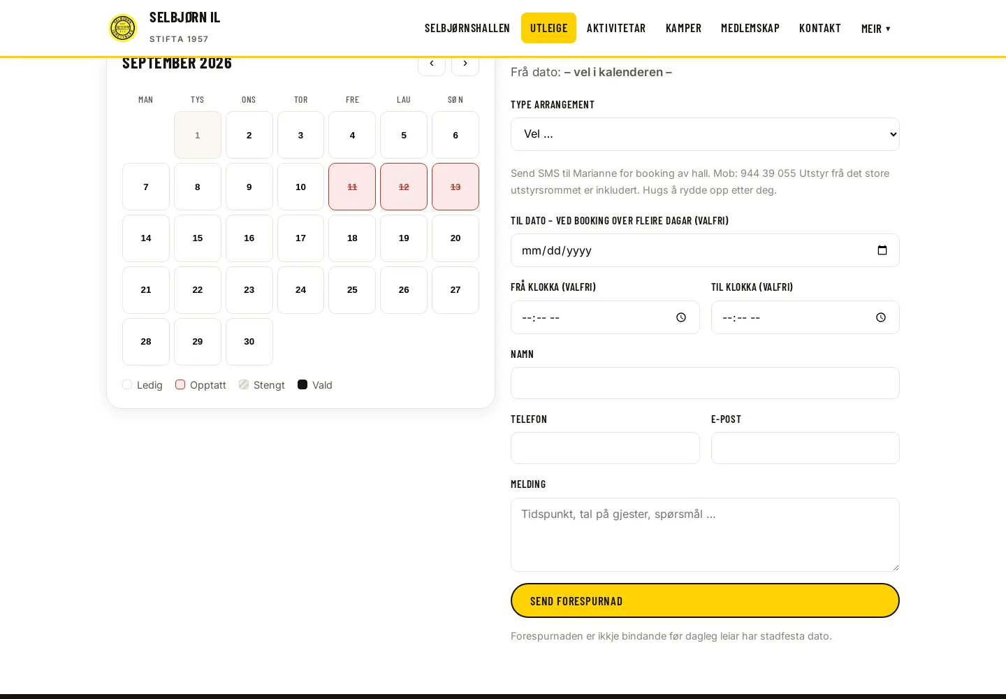 Utleiesiden til Selbjørn IL: bookingkalender for september med opptatte datoer markert i rødt, ved siden av skjemaet for forespørsel.