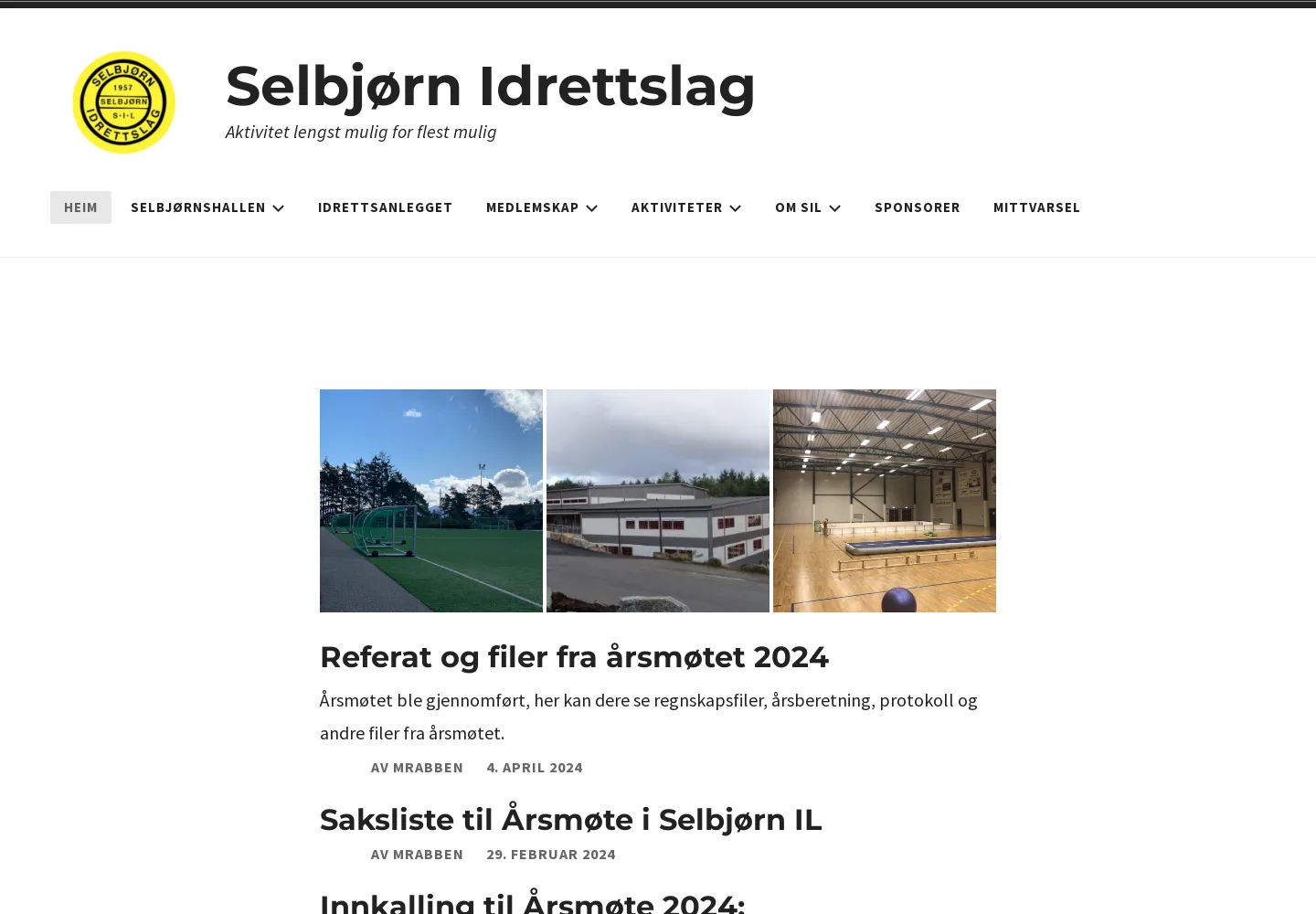 Den gamle WordPress-siden til Selbjørn IL: klassisk bloggmal med lang meny og årsmøtereferater som forsideinnhold.