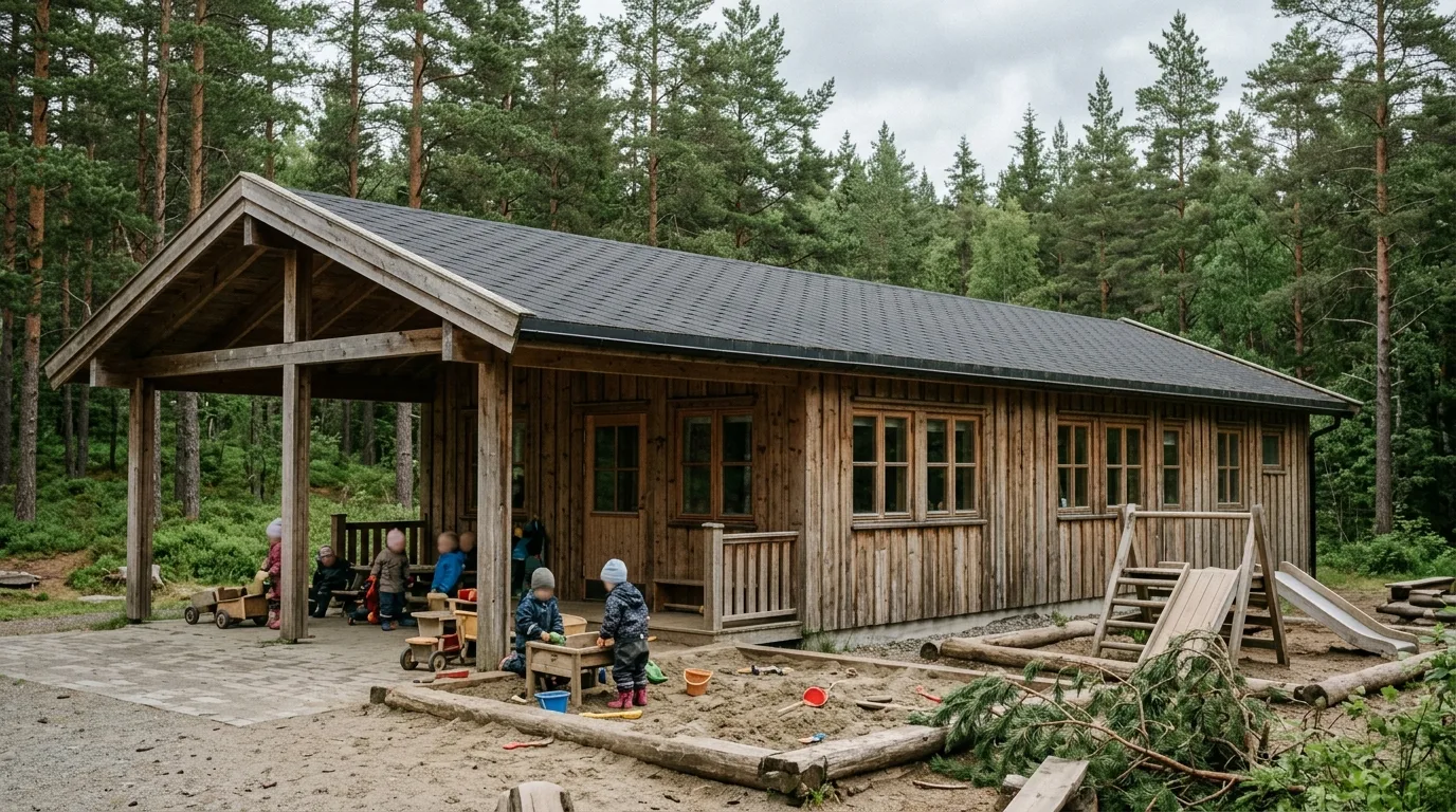 Liten barnehage i ubehandlet tre med overdekket lekeplass foran furuskog