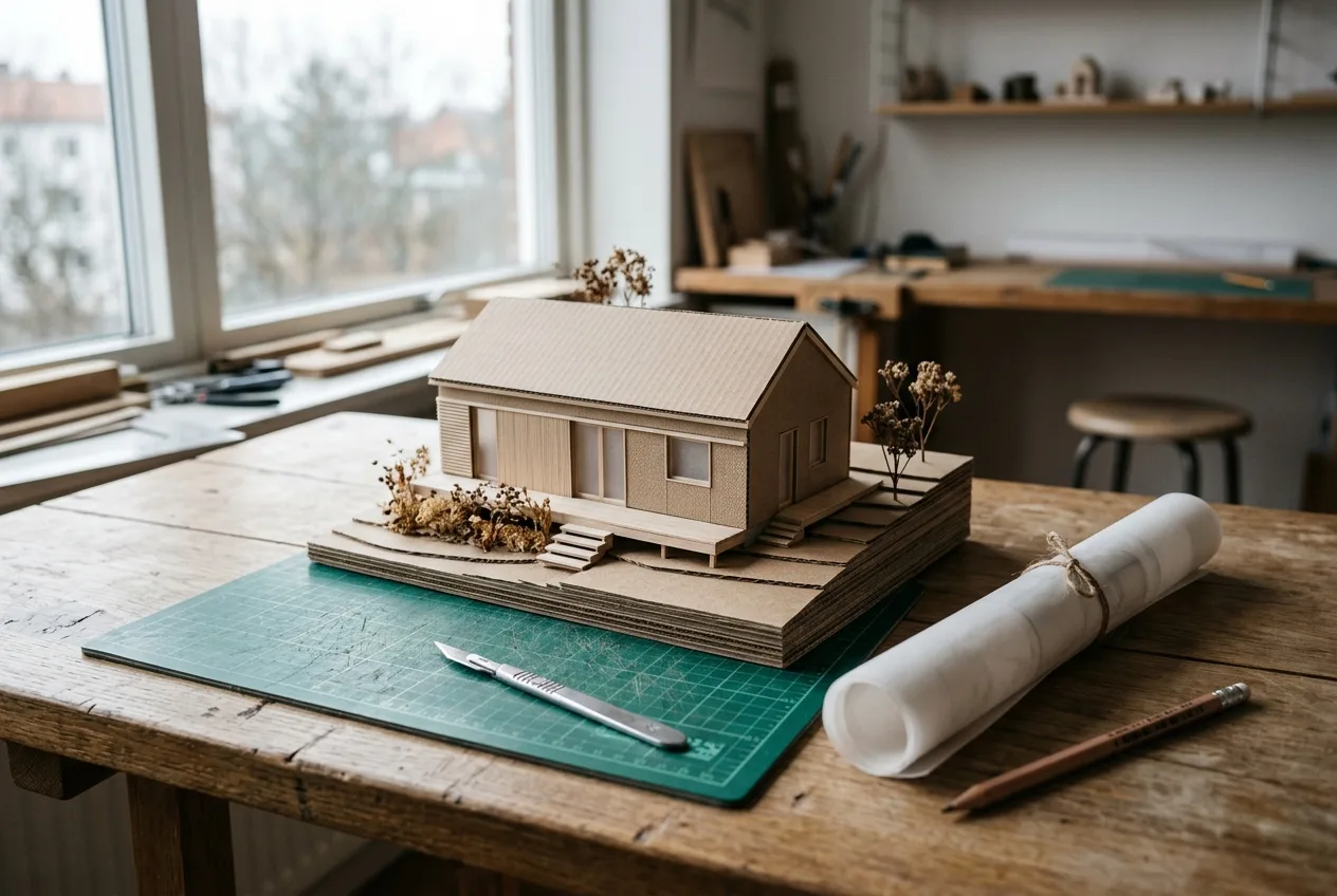 Arkitektmodell i kartong og tre på arbeidsbord med skalpell og skjærematte