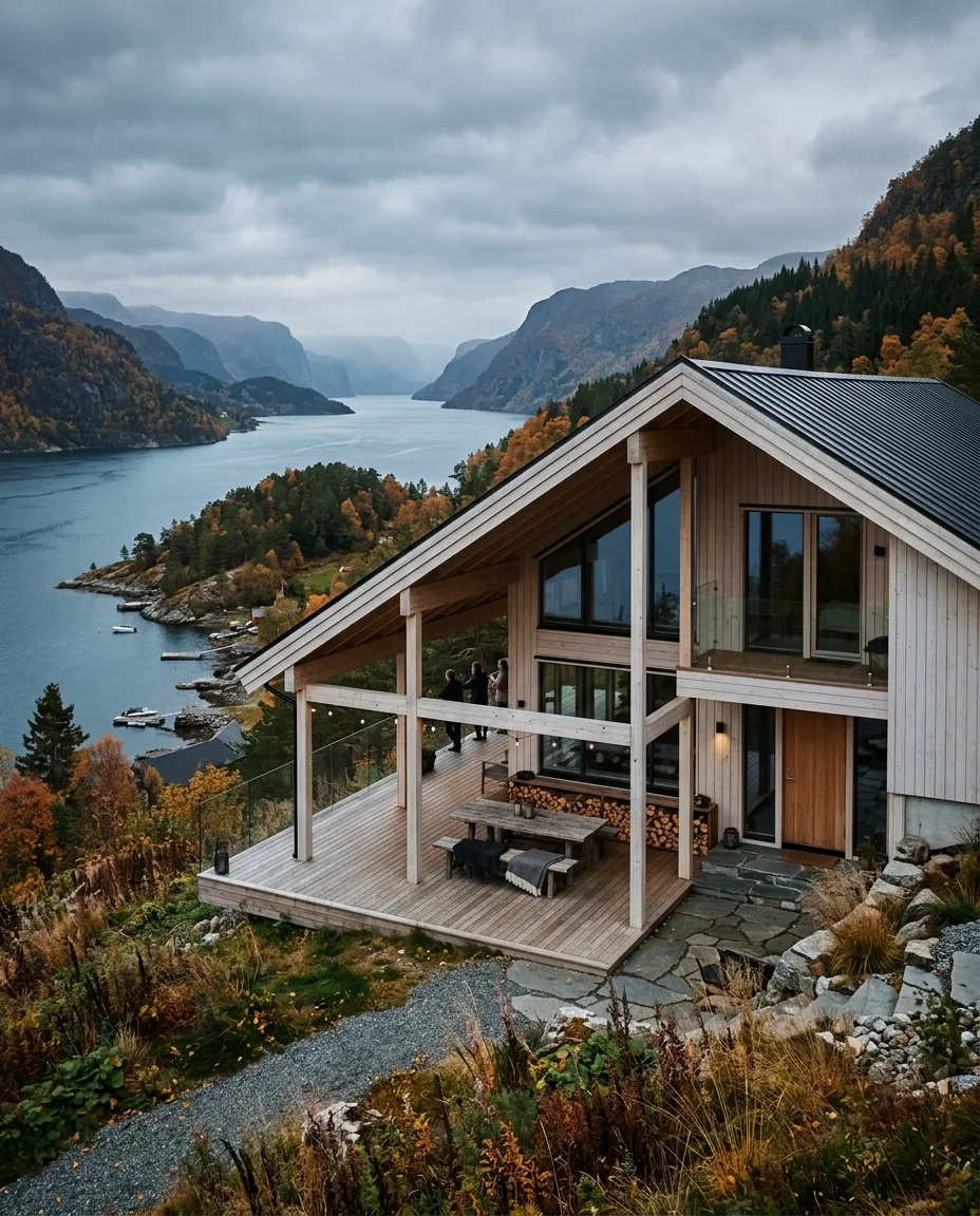 Enebolig i hvitoljet gran med bratt saltak og terrasse mot fjorden