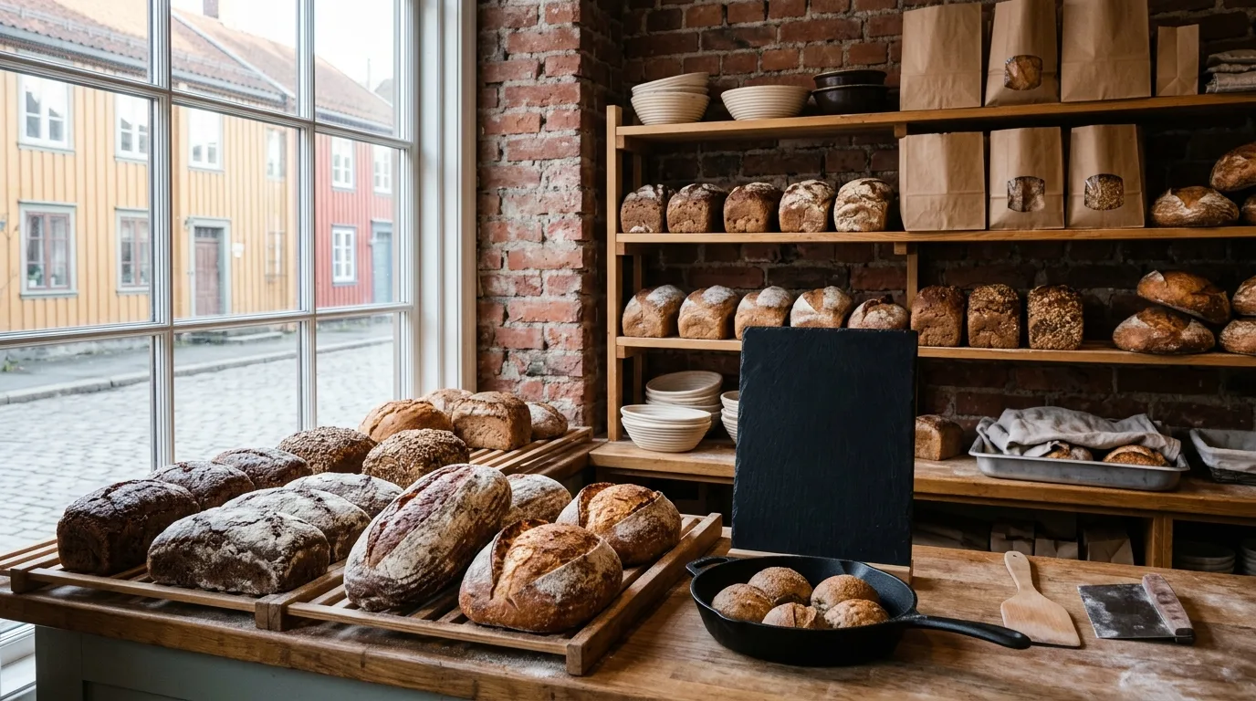Bakeridisken ved åpningstid med rader av brød på trehyller