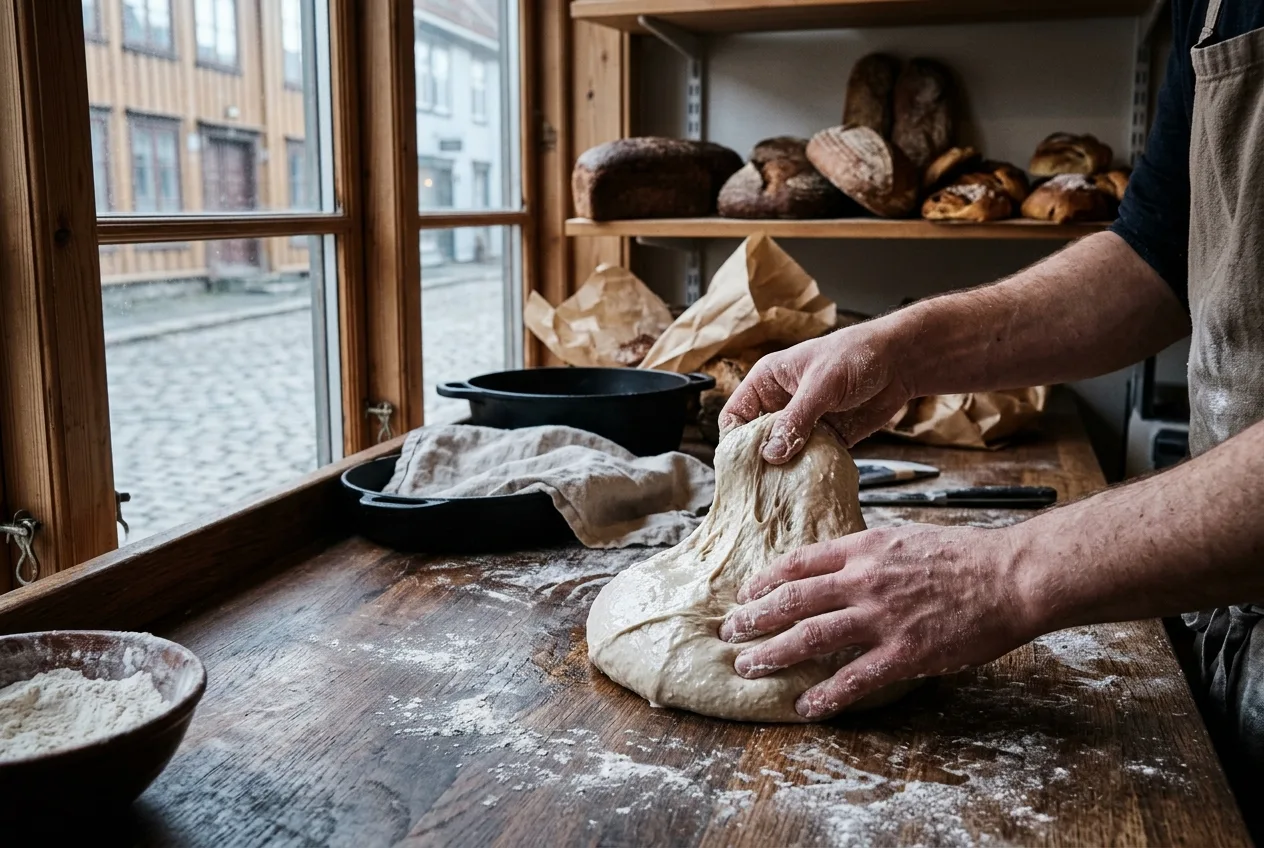 Melete hender bretter en våt surdeig på trebenk
