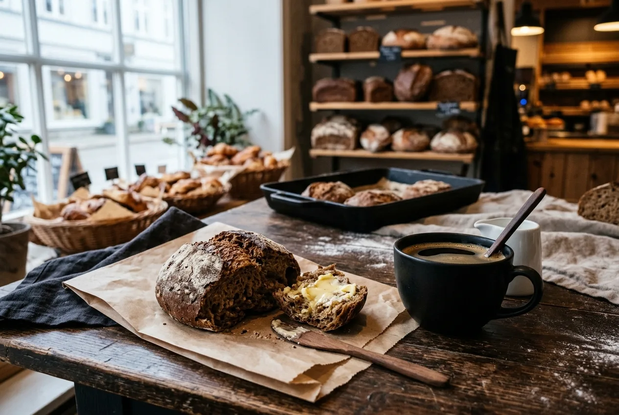Kopp med filterkaffe ved siden av et oppbrutt rundstykke med smør