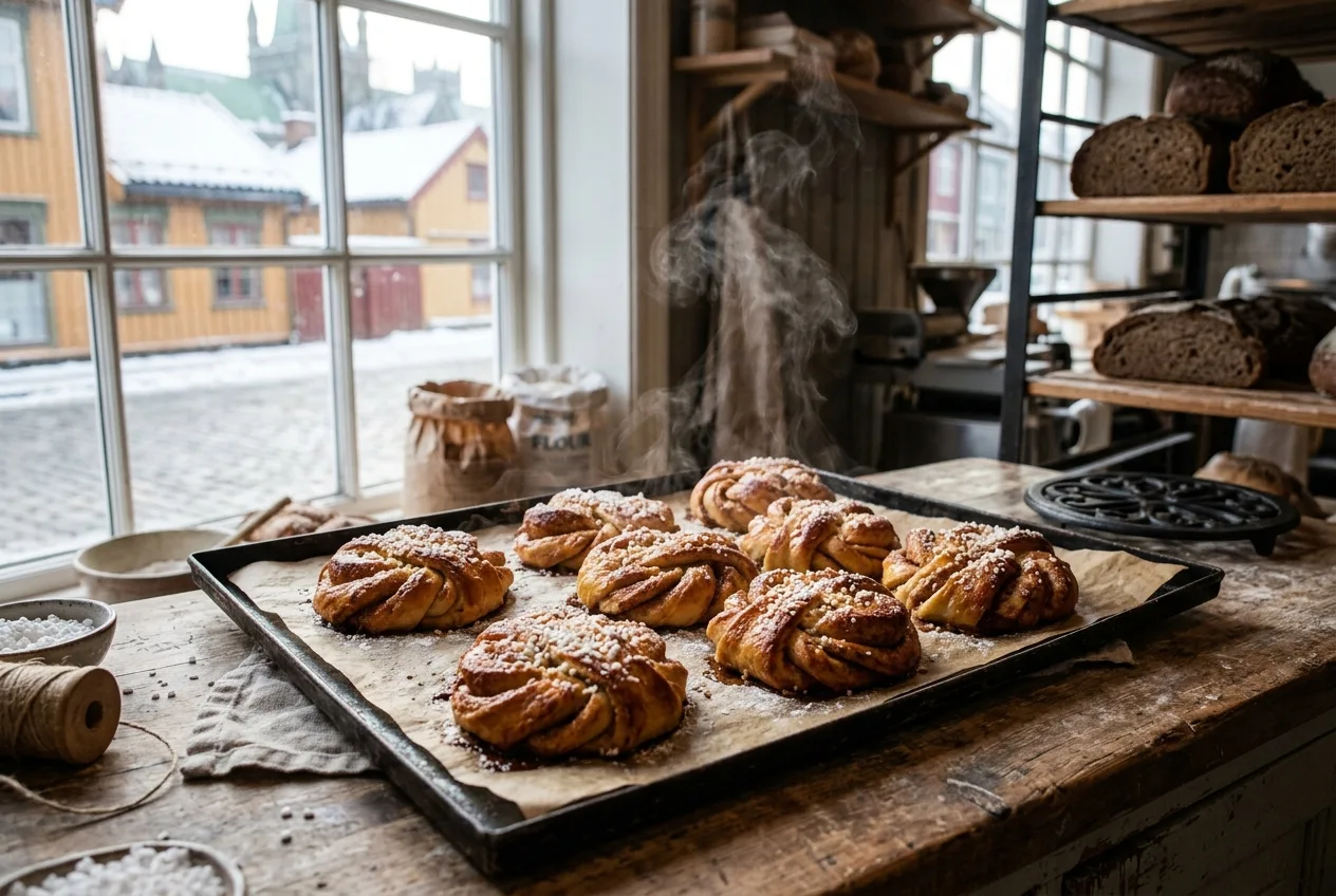 Brett med nystekte kanelboller med perlesukker