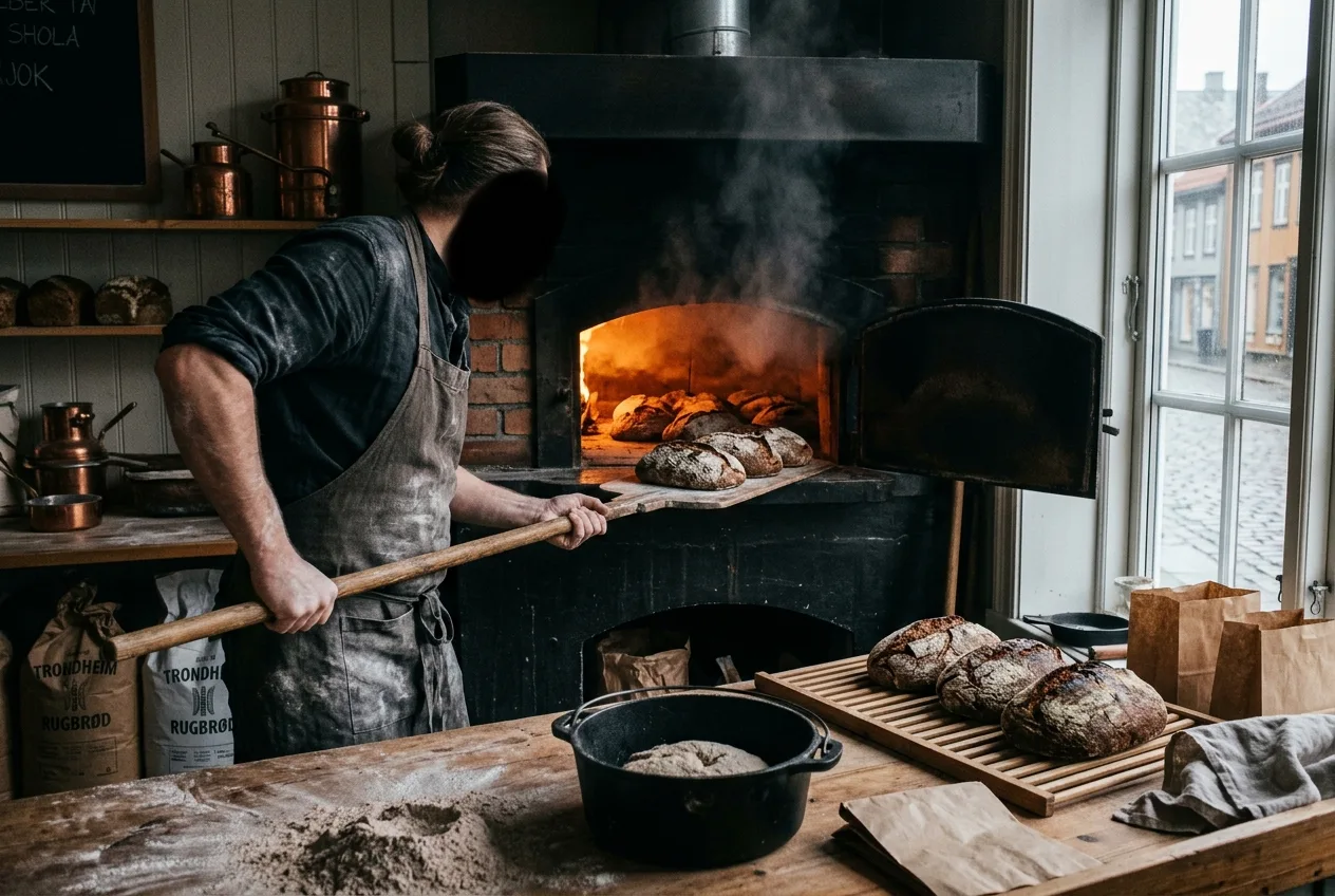 Baker skyver brød inn i steinovnen med en lang trespade