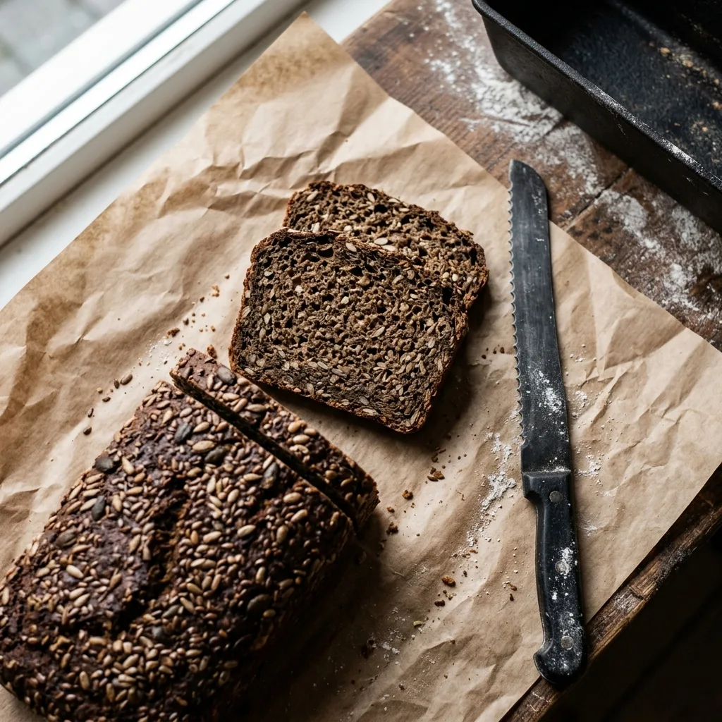 Oppskåret mørkt rugbrød med frø på kraftpapir