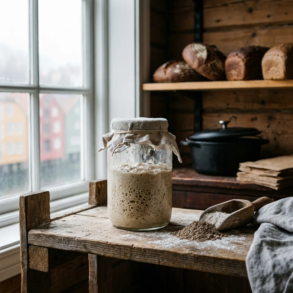 Glasskrukke med boblende surdeigsstarter i vinduslys