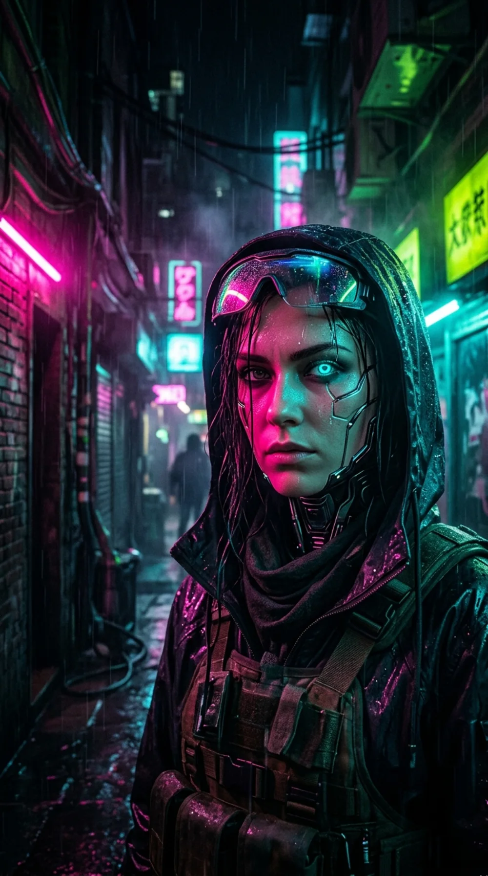 A netrunner half-lit by neon in a rain-soaked alley