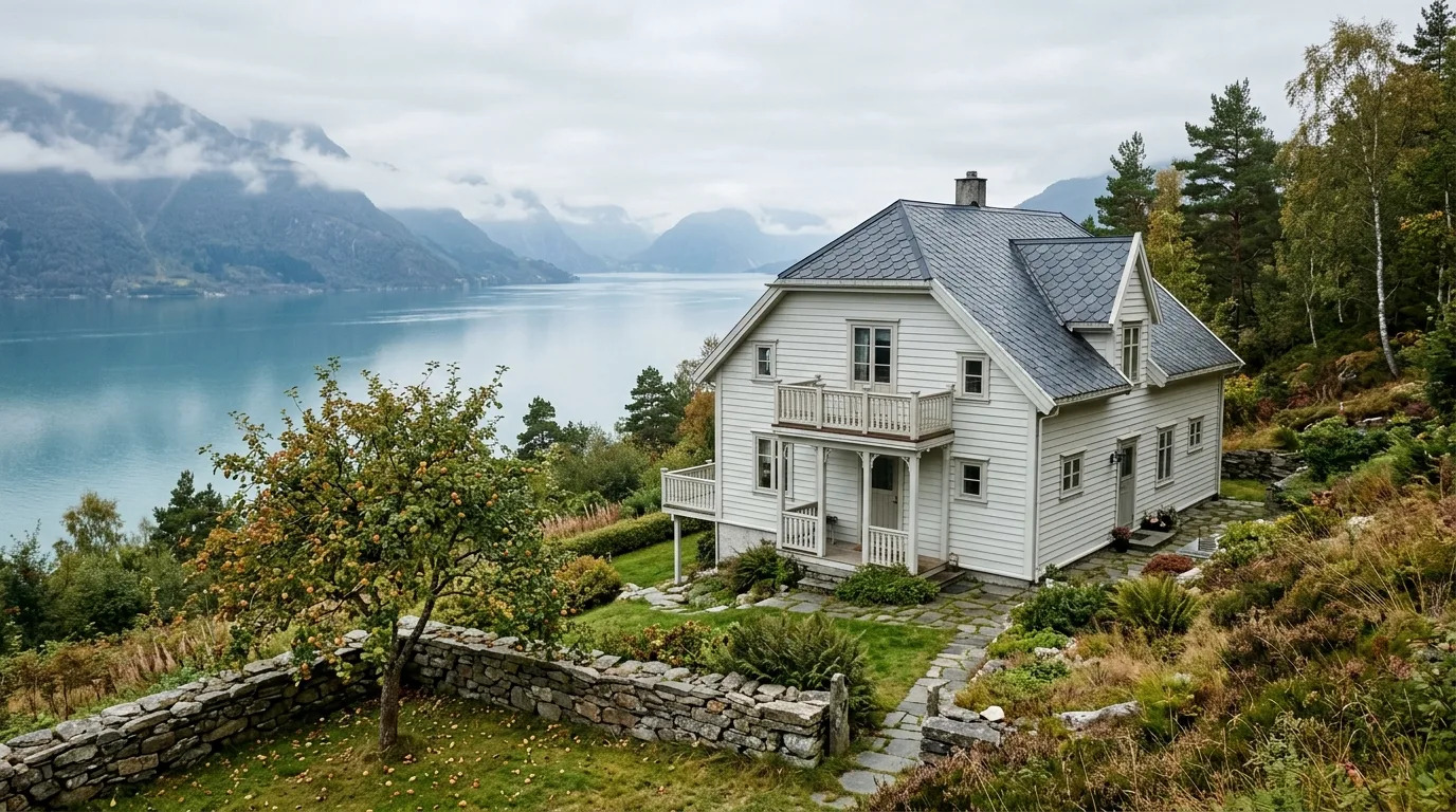Hvit sveitservilla fra 1921 i hellingen over fjorden