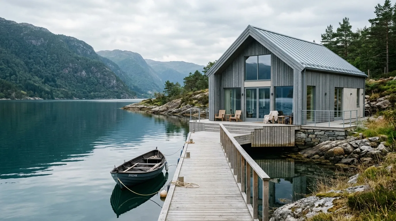 Moderne naust-inspirert bolig i grå kledning med egen flytebrygge
