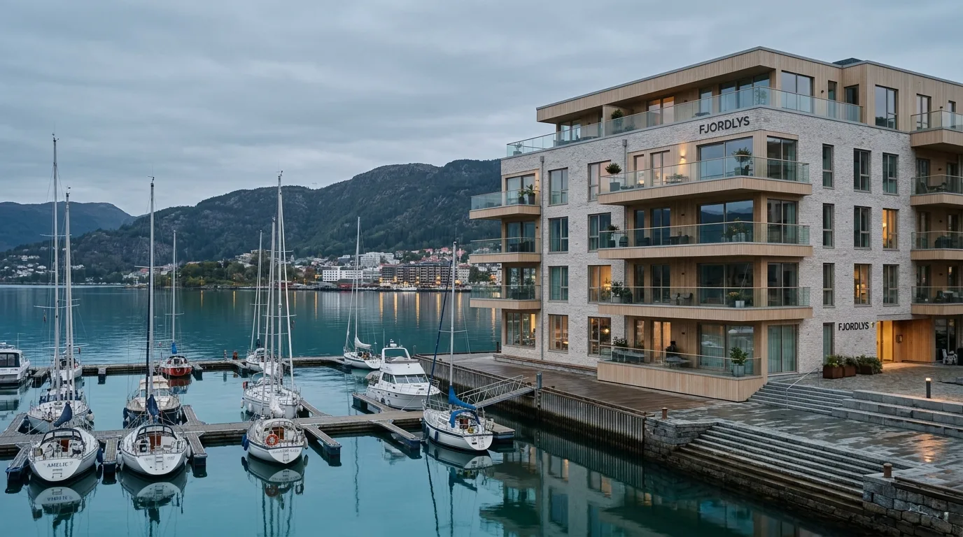 Leilighetsbygg i lys tegl med eikebalkonger på kaien i Bergen