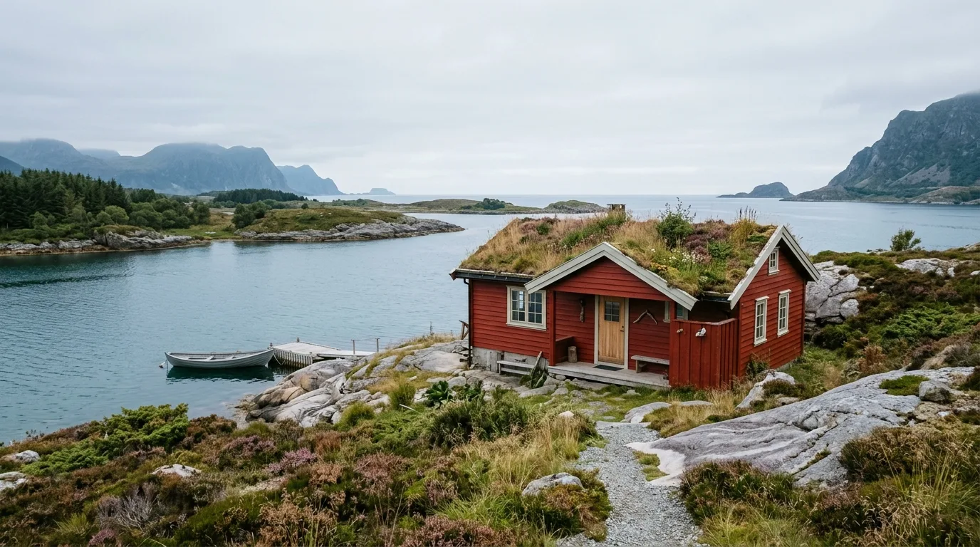 Rødmalt hytte med torvtak på en holme, lyng og svaberg mot havet