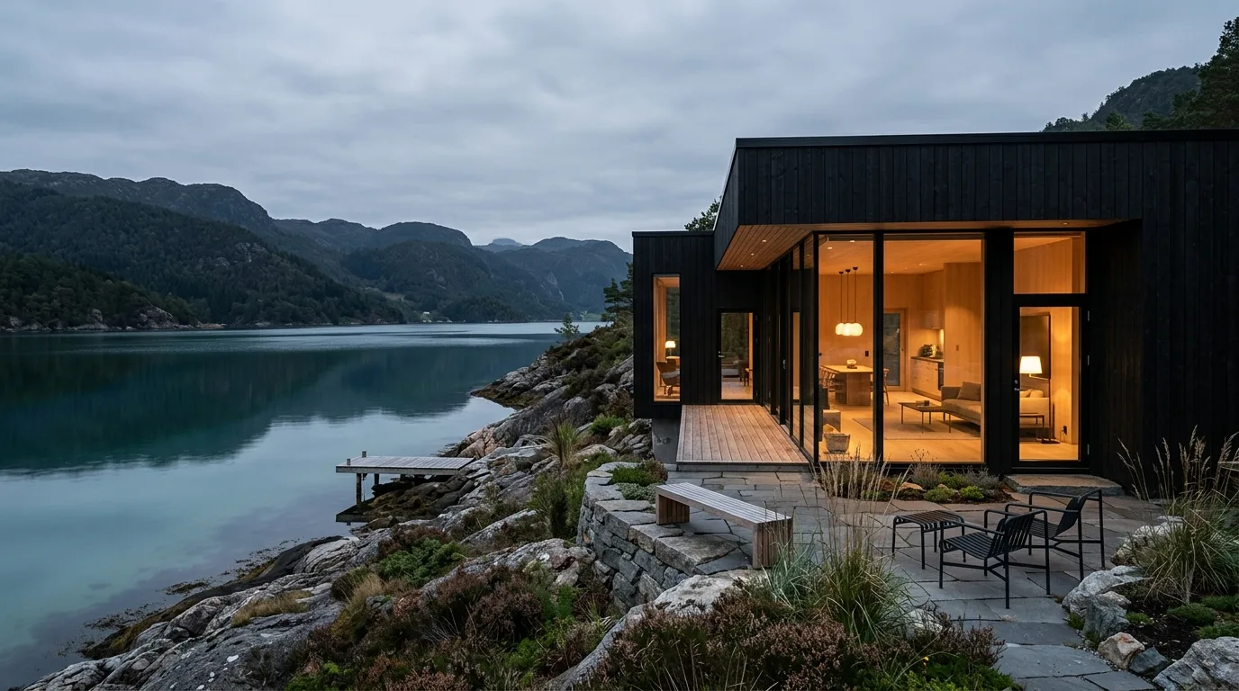 Moderne trehus i svartbeiset kledning på svaberget ved en fjord, lys i vinduene i skumringen