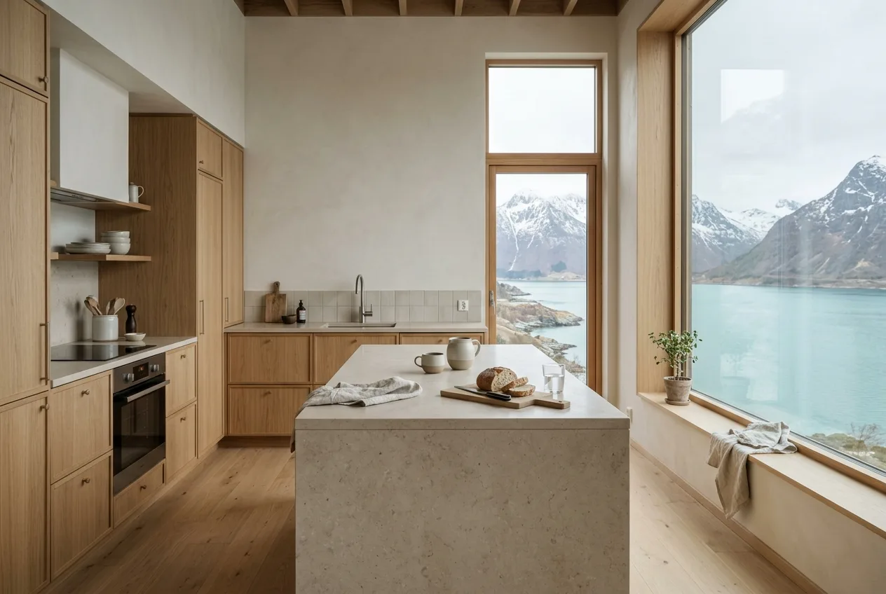 Kjøkken i lys eik med kalksteinsbenk og utsikt til fjorden