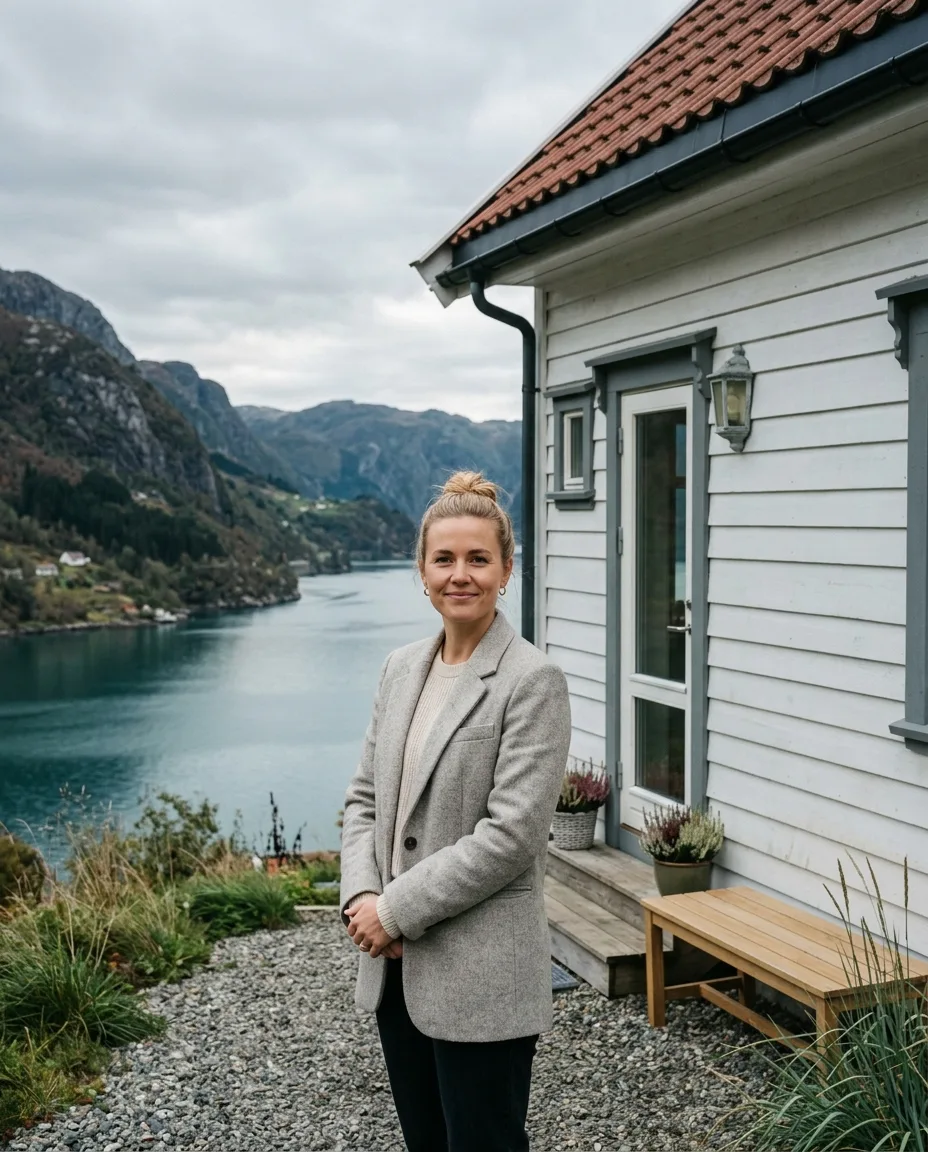 Silje Hauge foran et hvitt trehus