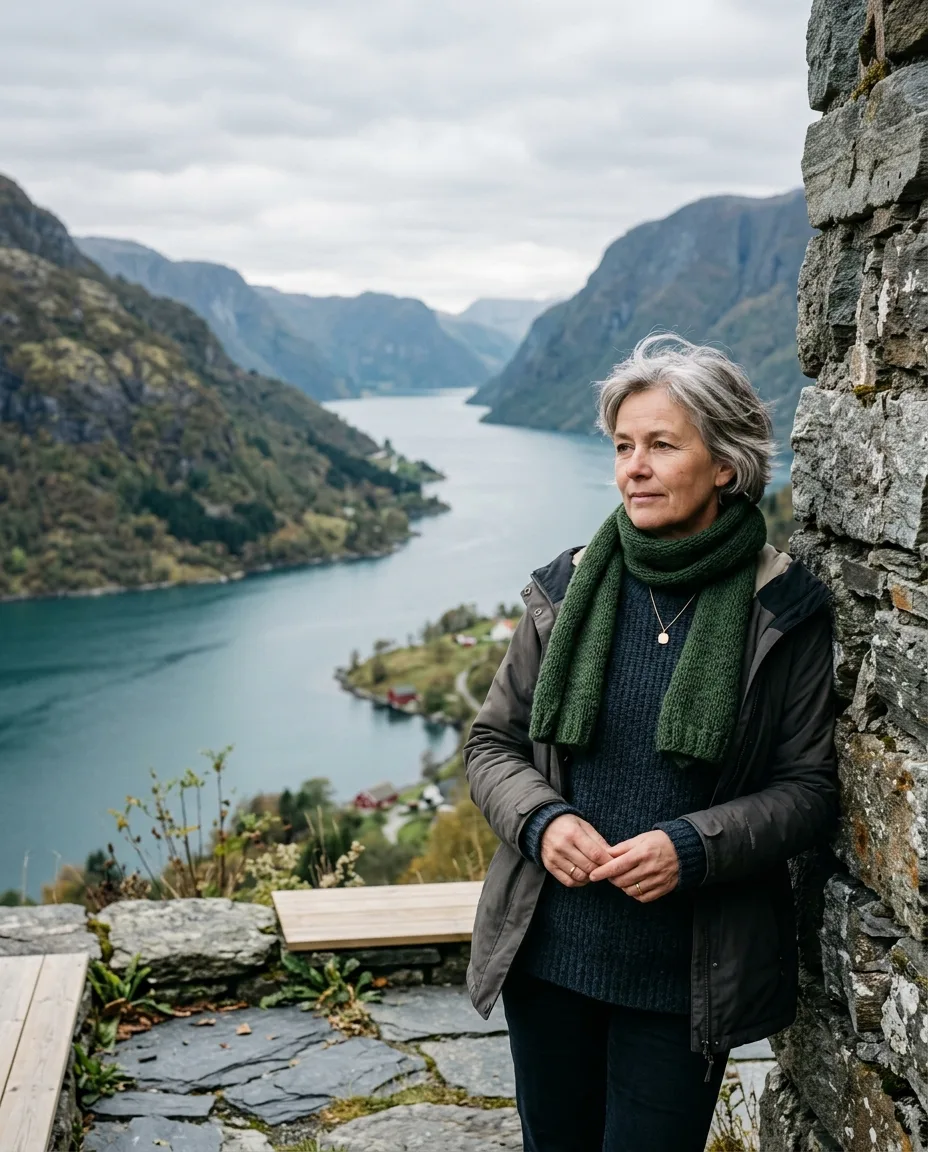 Anne Kleppe ved en steinmur med sjøen bak