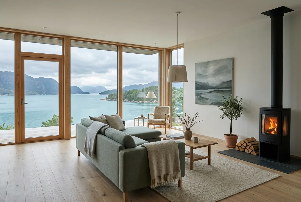 Stuen i Sjøvegen 41, med vinduer fra gulv til tak mot Byfjorden