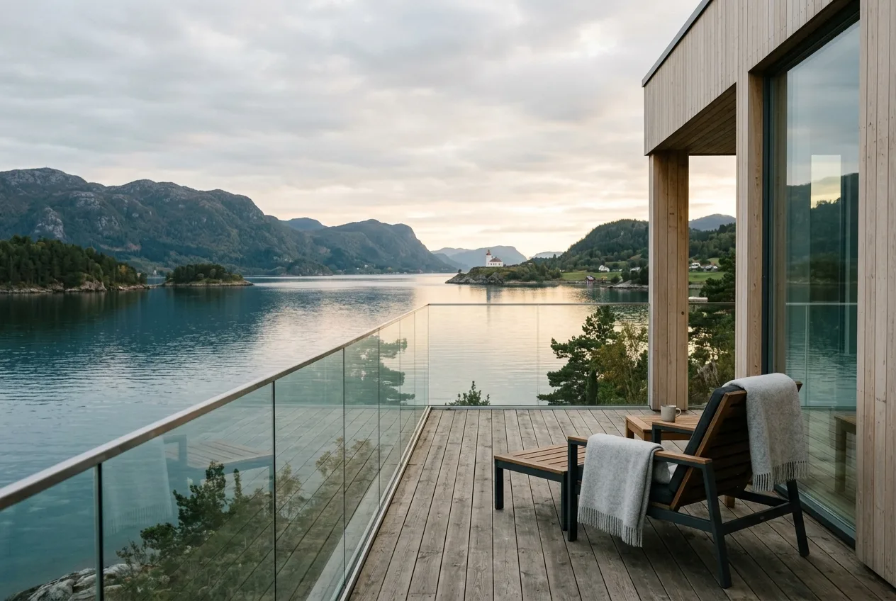 Utsikt fra en terrasse over fjorden i kveldslys med holmer og fyr i det fjerne