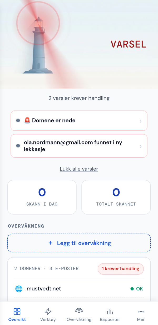 Screenshot of the Mustvedt Sentinel mobile app