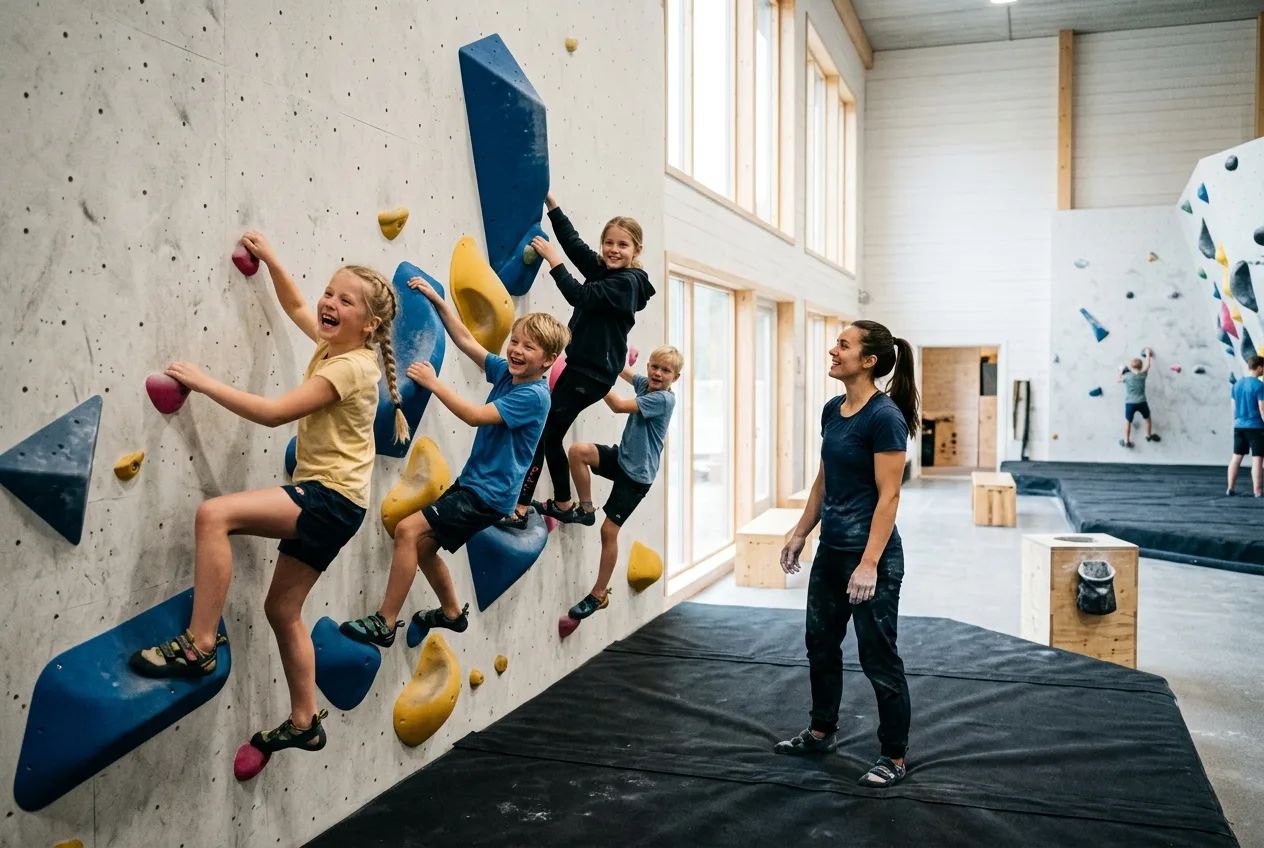 Barn som klatrer på den lave barneveggen mens en instruktør passer på