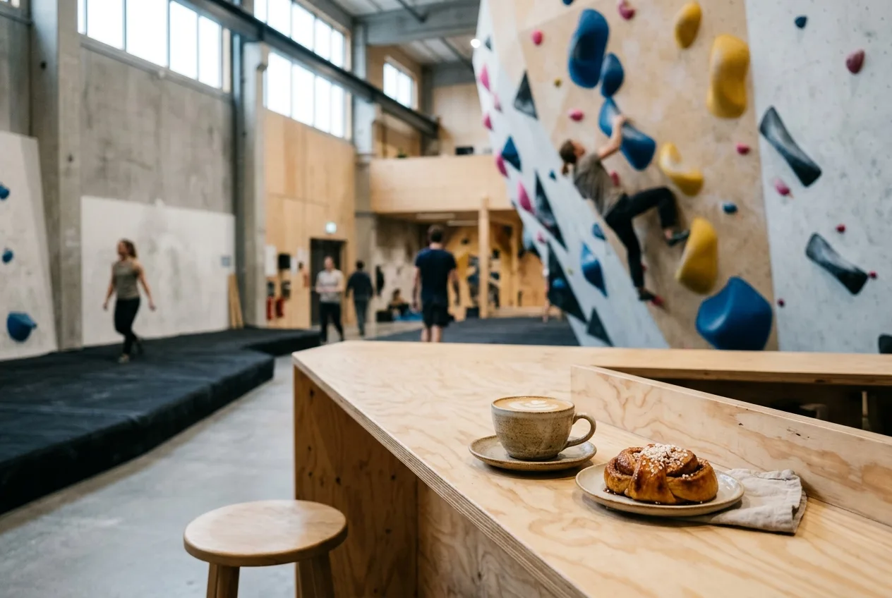 Kaffe og kanelbolle i kafeen, med veggen i bakgrunnen