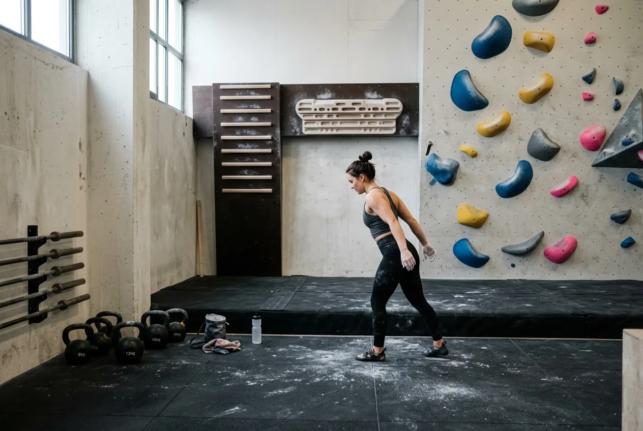 Treningsrommet med hangboard og frivekter