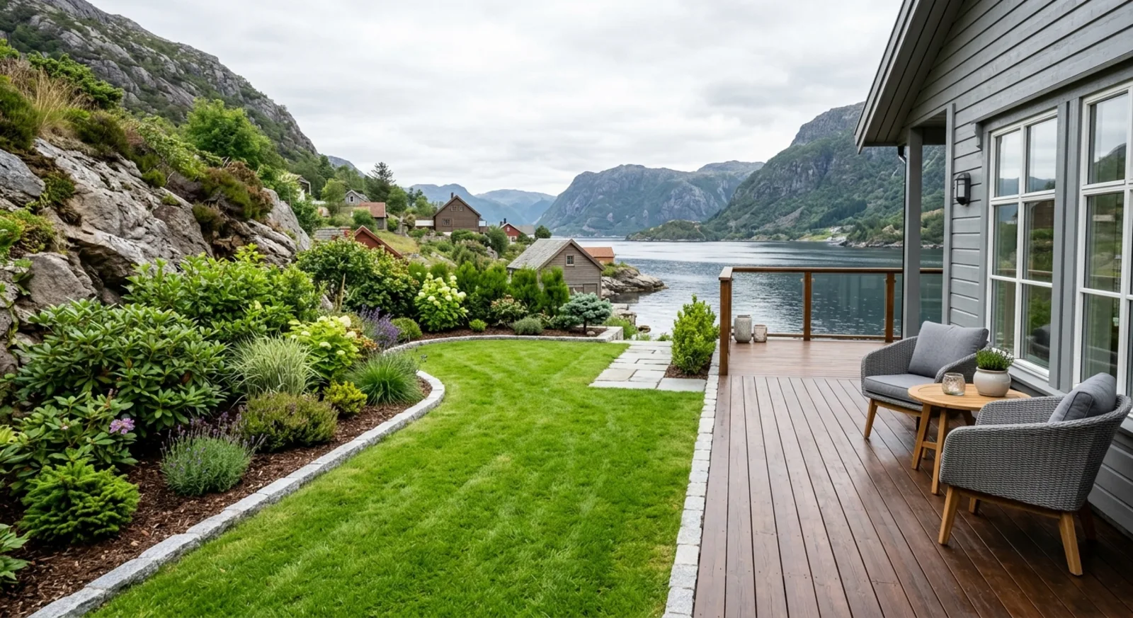 Etter: hytteterrasse ved fjorden, fra opprevet anleggstomt til ferdig plen, terrasse og beplantning