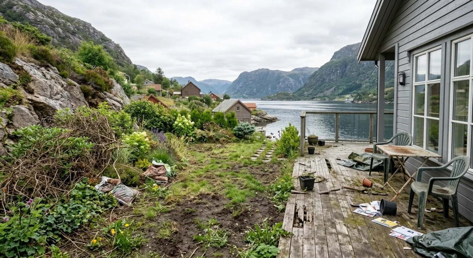 Før: hytteterrasse ved fjorden, fra opprevet anleggstomt til ferdig plen, terrasse og beplantning