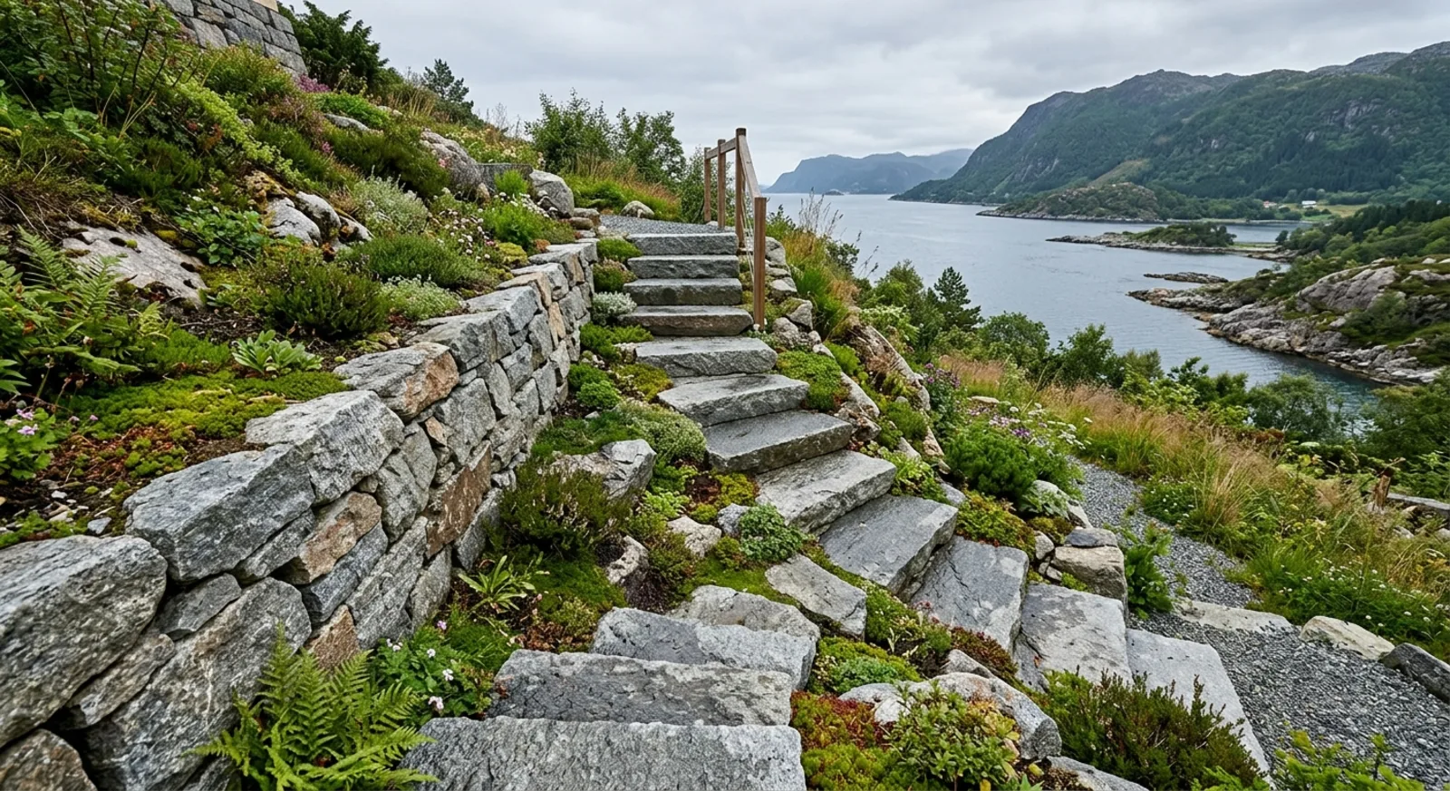 Etter: erodert skråning forvandlet til solid natursteinstrapp og støttemur med bunndekke