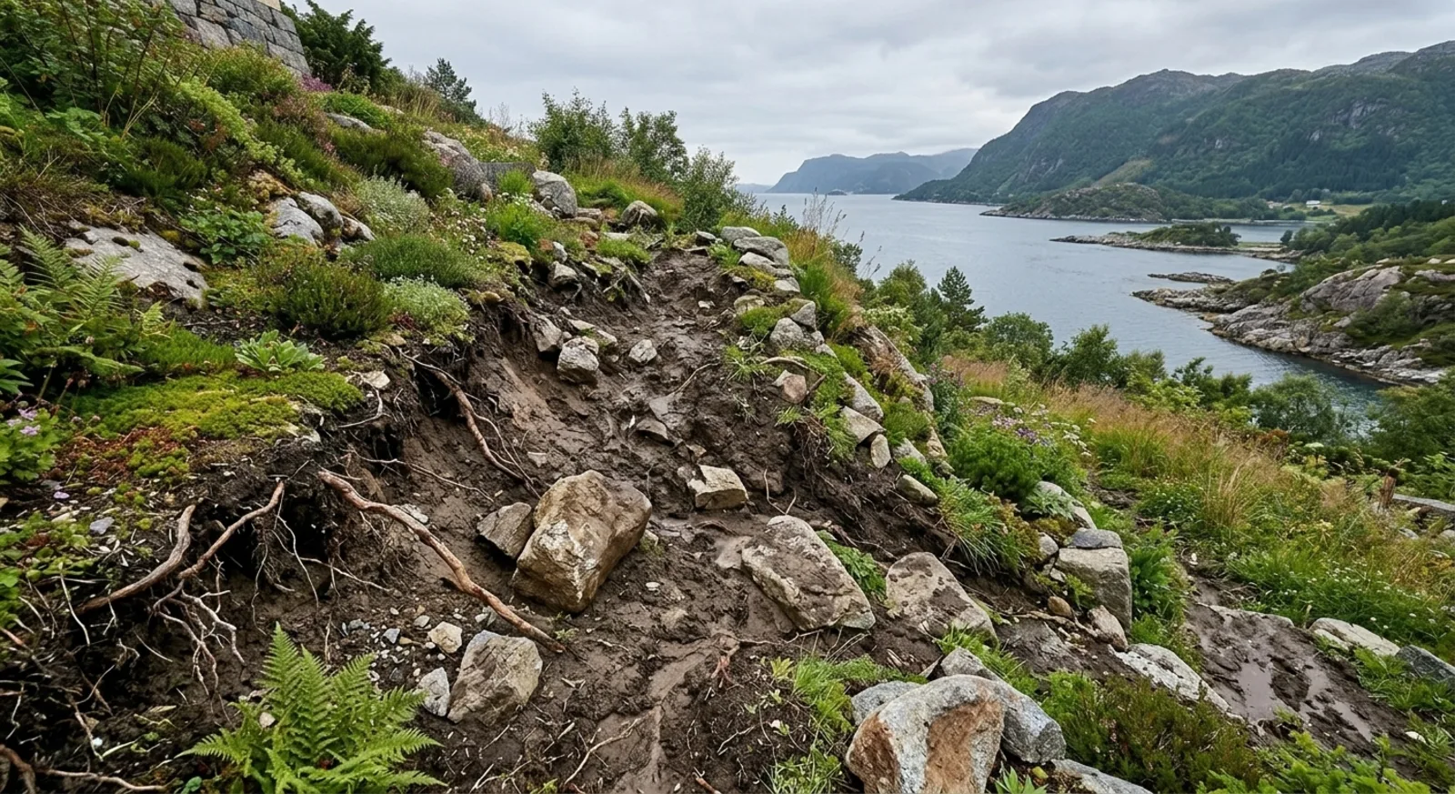 Før: erodert skråning forvandlet til solid natursteinstrapp og støttemur med bunndekke