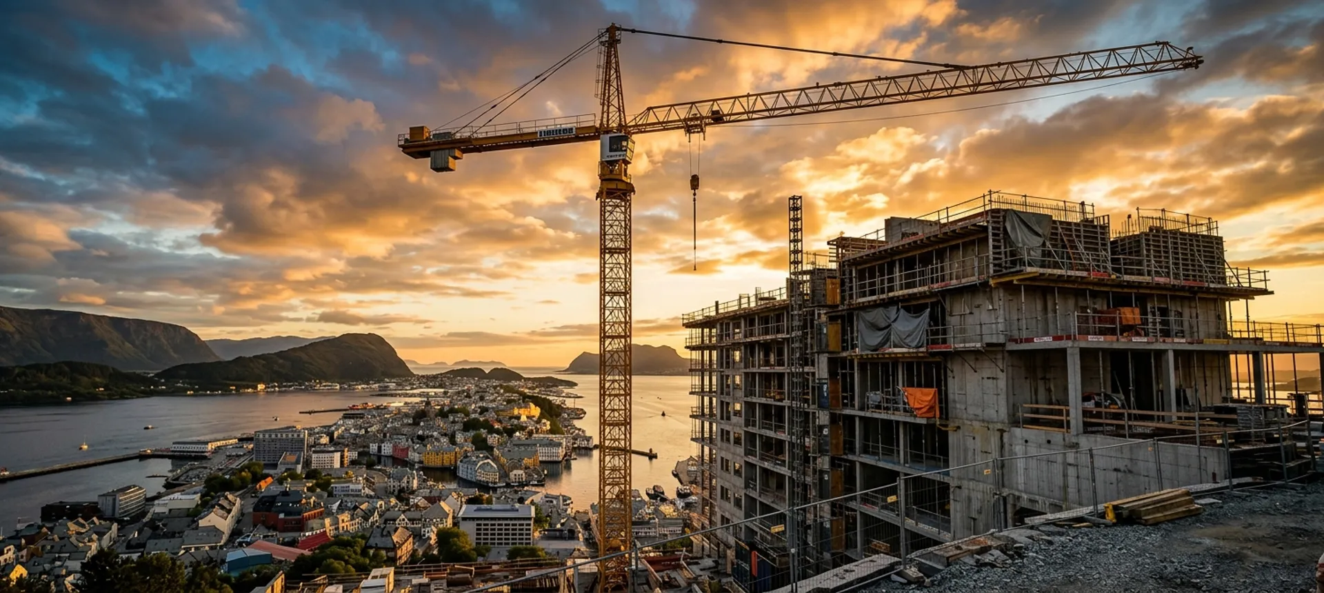 Tårnkran over betongbygg under reising, med kystby og fjord i bakgrunnen