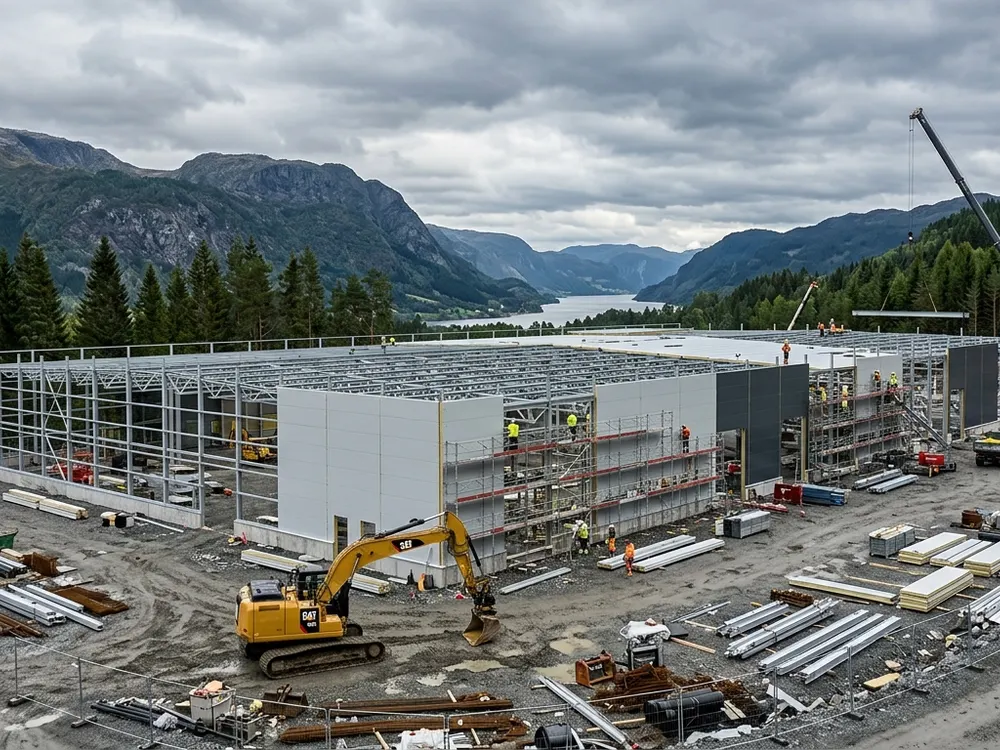 Stålrammet lagerhall under reising i fjorddal