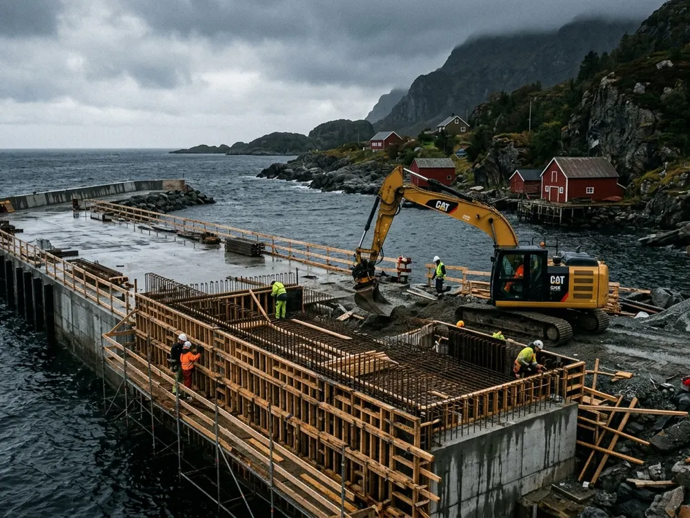Kaianlegg under støping med forskaling og armering ved sjøen