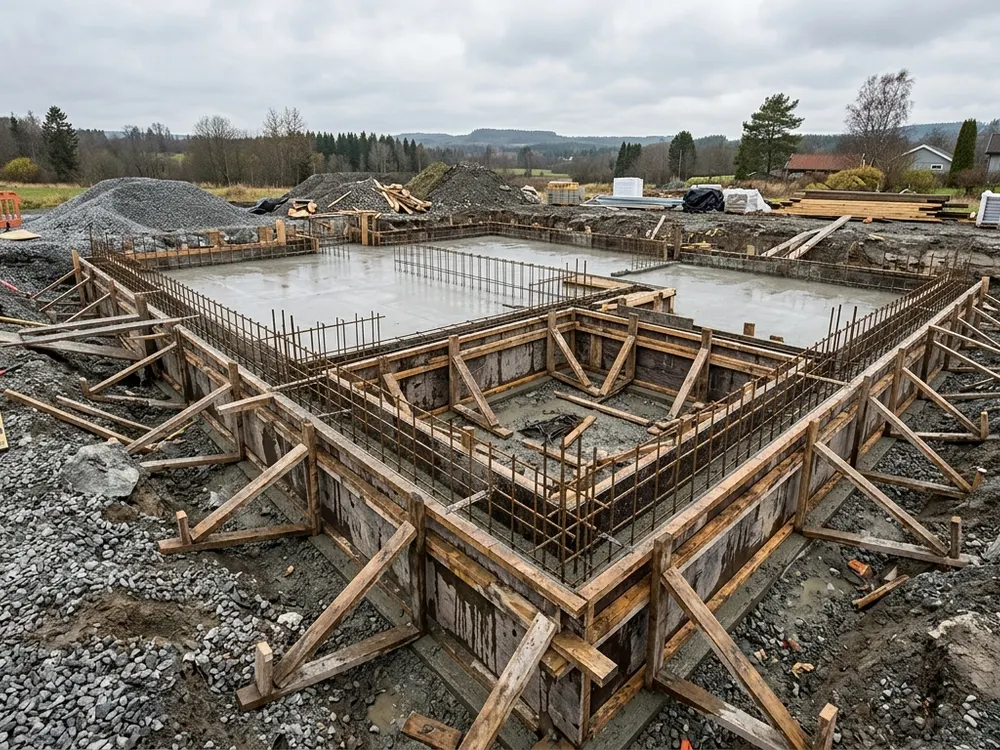 Betongfundament med forskaling og armering klart til støp