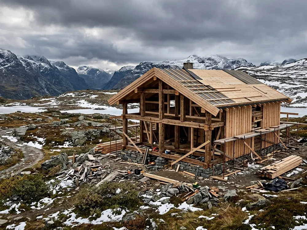 Reist hyttekonstruksjon i tre med snødekte fjell bak