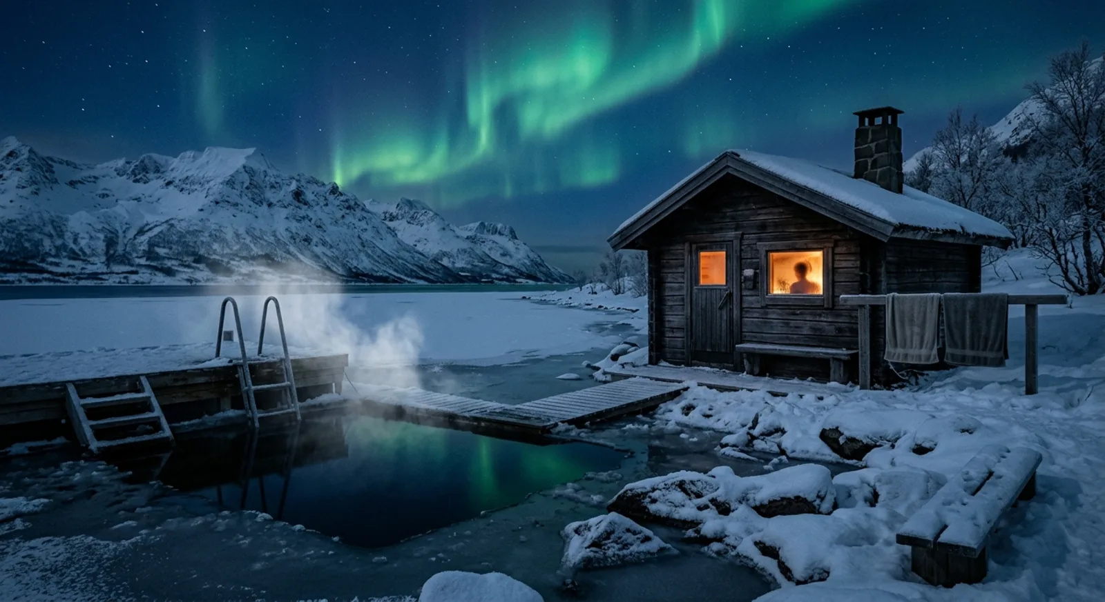 Vedfyrt badstue ved fjordkanten om natten, damp fra isråk og nordlys i vannet
