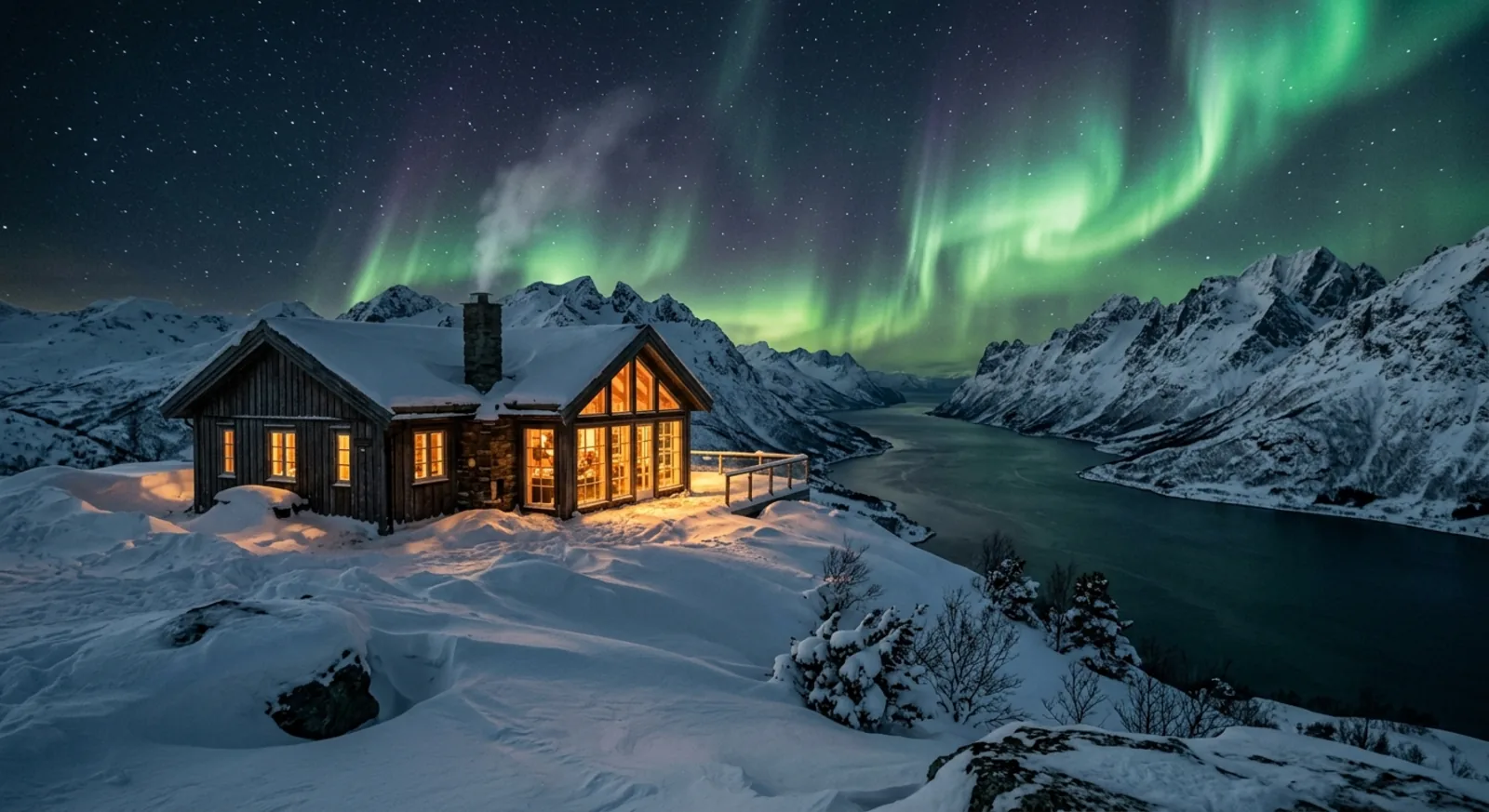 Varde fjellodge i dyp snø, varmt lys i vinduene og nordlys over tindene