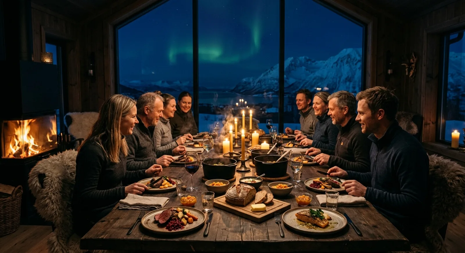 Langbord dekket til middag i levende lys, nordlys i vinduet bak