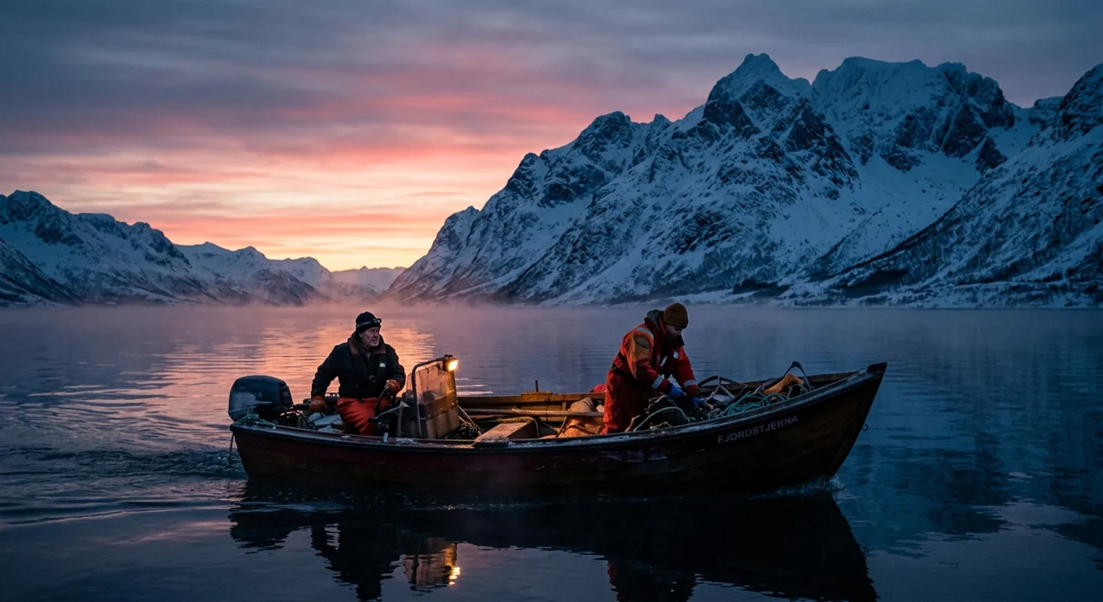 Åpen båt på stille vinterfjord under rosa polarlys, med Lyngsalpene bak
