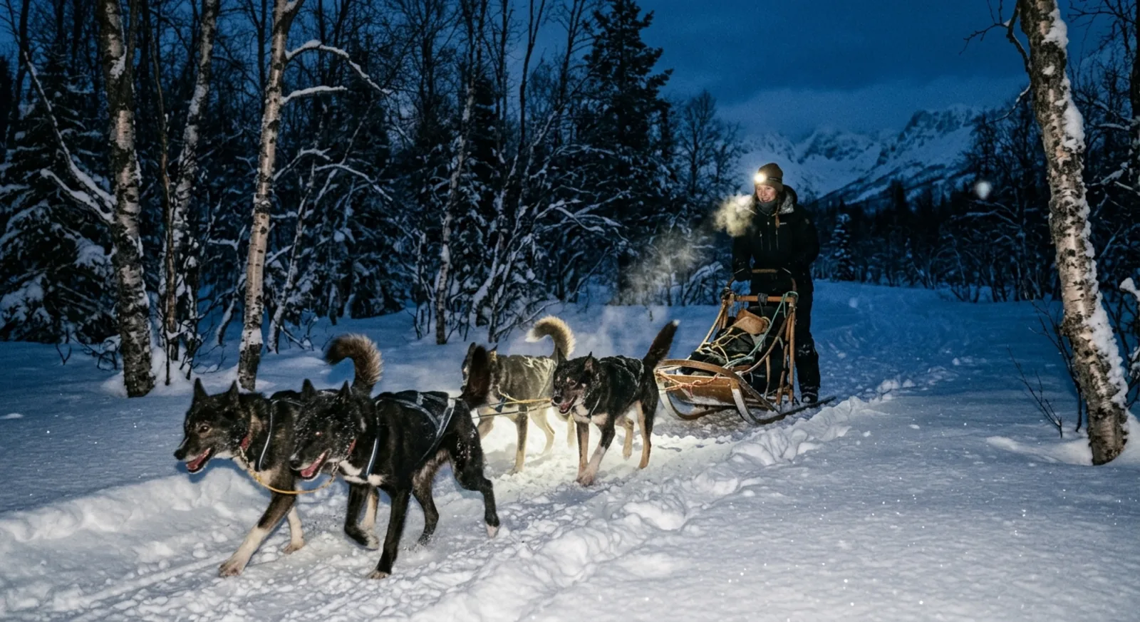 Hundespann i dyp snø gjennom bjørkeskog i blått skumringslys
