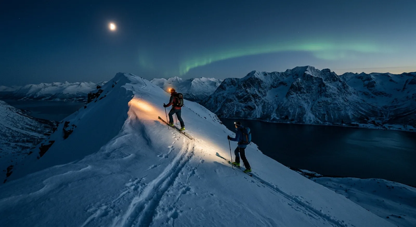 To skiløpere med hodelykter på en månelyst fjellrygg høyt over fjorden